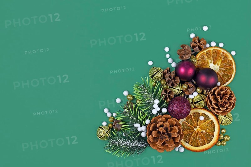 Christmas arrangement with purple tree baubles