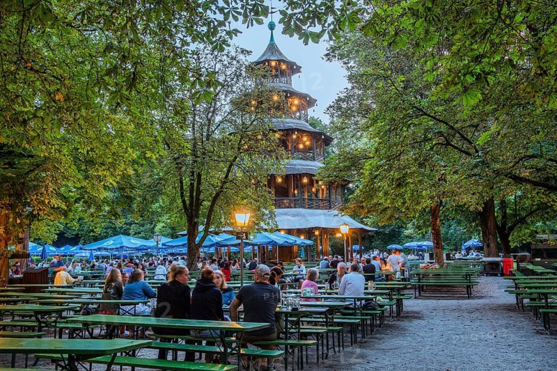 Beer garden at the Chinese Tower in the English Garden at dusk
