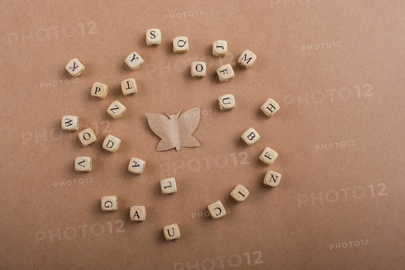 Letter cubes of made of wood around paper butterfly