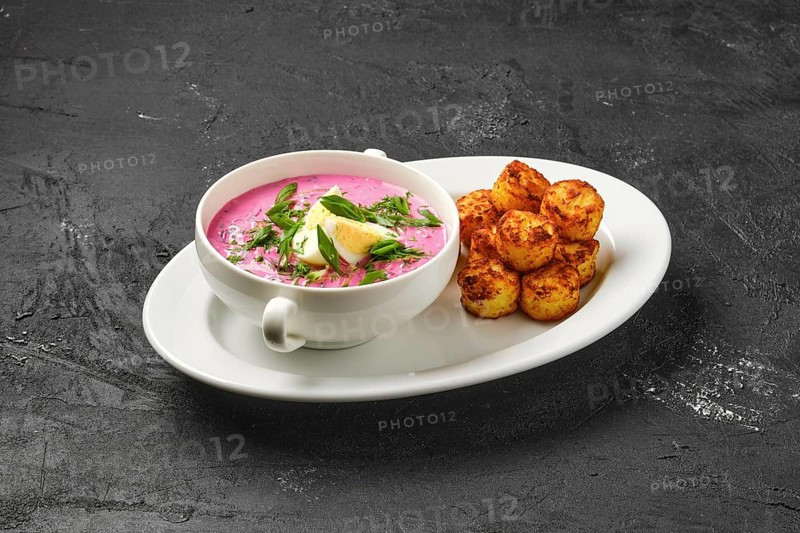 Cold beetroot soup with potato balls