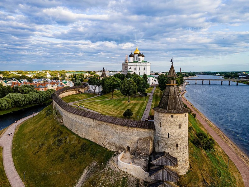 Aerial of the kremlin of the Unesco site Pskov