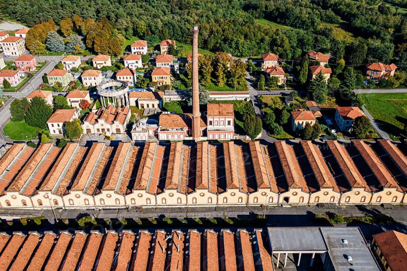 Aerial of the Unesco world heritage site "company town". Crespi dÂ´Adda
