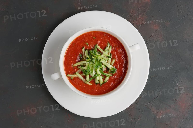 Plate of traditional spanish gazpacho. Top view