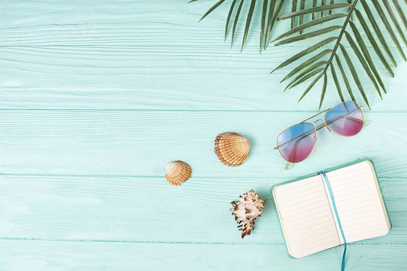 Composition sunglasses with notebook palm leaves