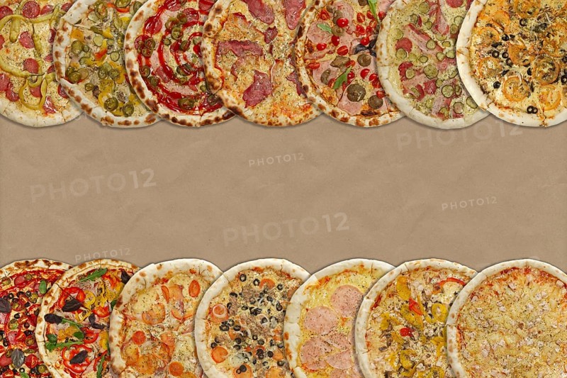 Horizontal collage of different baked pizzas on cardboard. Top view