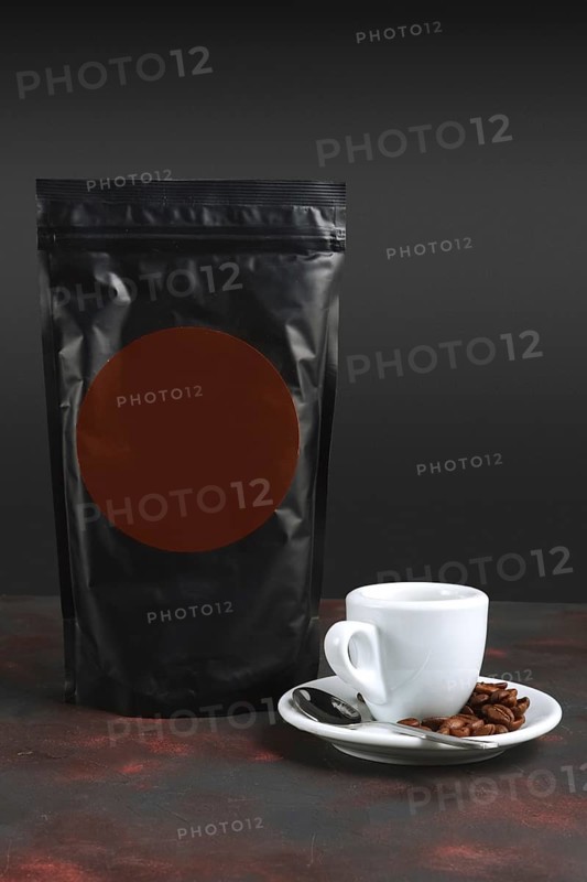 Cup of coffee and vacuum coffee package. Pack template for your design and branding