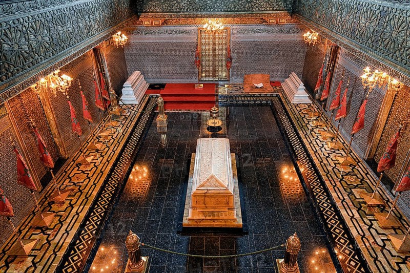 Magnificently decorated mausoleum of King Mohammed V with the sarcophagus