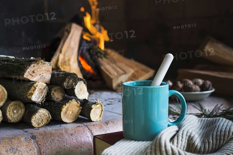 Mug blanket near fireplace
