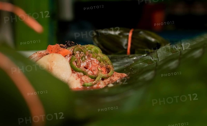 Nacatamal ingredients on banana leaves