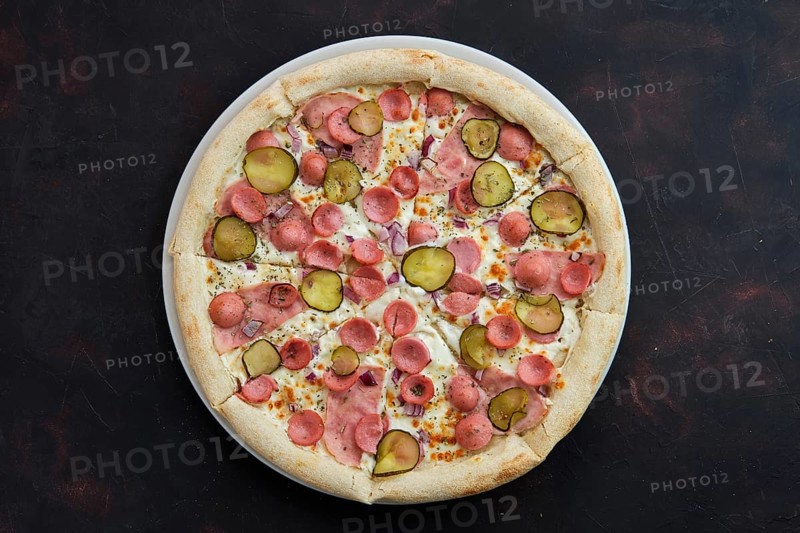 Top view of pizza with frankfurter
