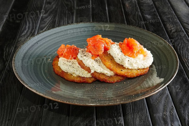 Potato pancakes with salmon and mozzarella