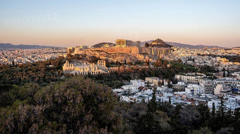 View from Philopappos Hill over the city at sunset