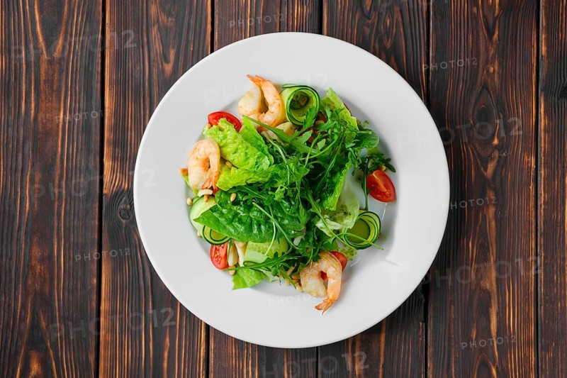 Overhead view of salad with shrimps