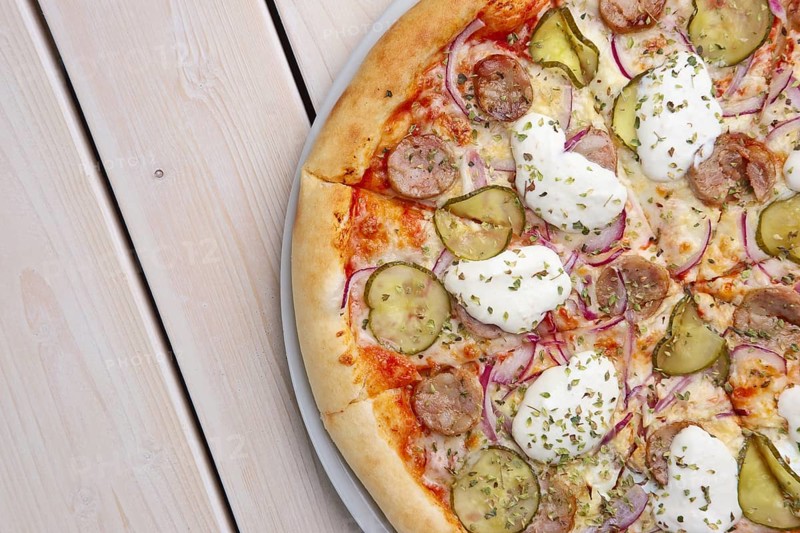 Top view of pizza with sausage