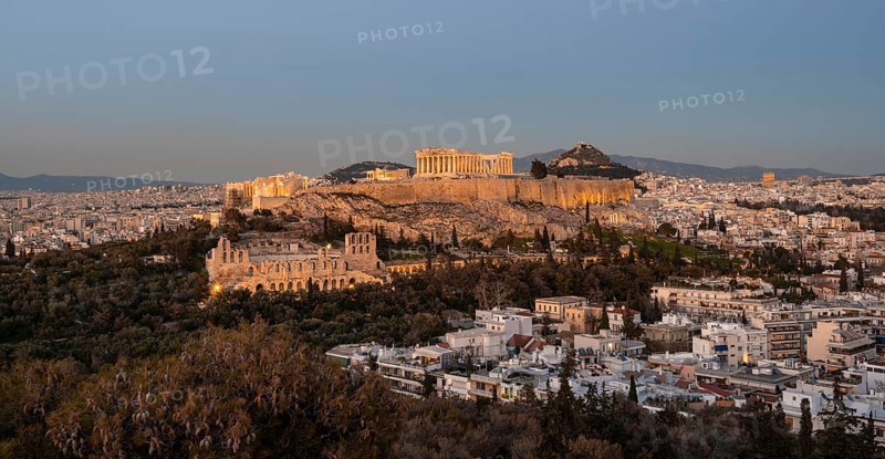 View from Philopappos Hill over the city at sunset