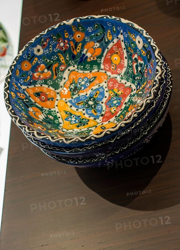 Traditional Turkish ceramic pottery items in bazaar