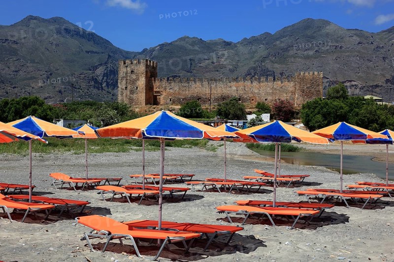 View of the Frangokastello fortress on the south coast of the Mediterranean island from the beach