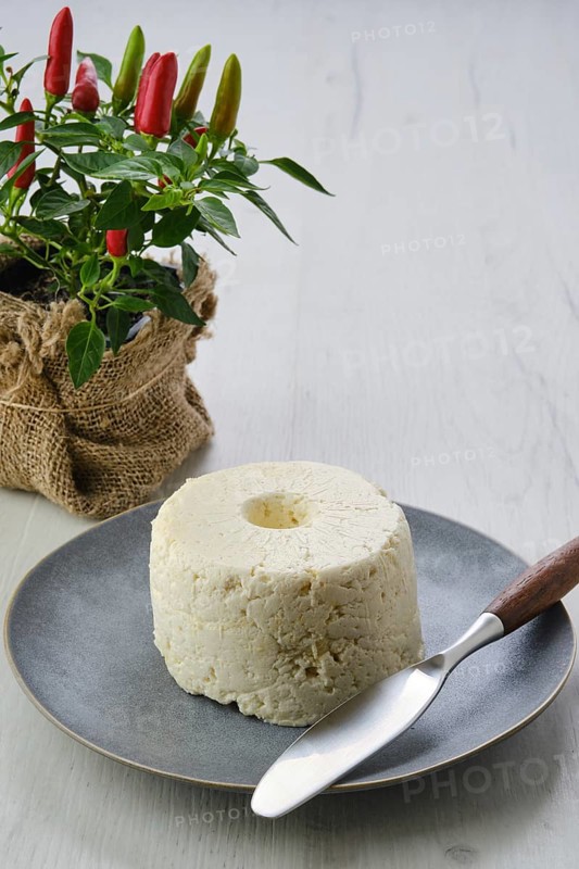 Pressed cottage curd cheese on ceramic plate