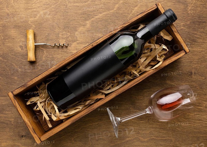 Top view wine bottle glass with corkscrew. Resolution and high quality beautiful photo