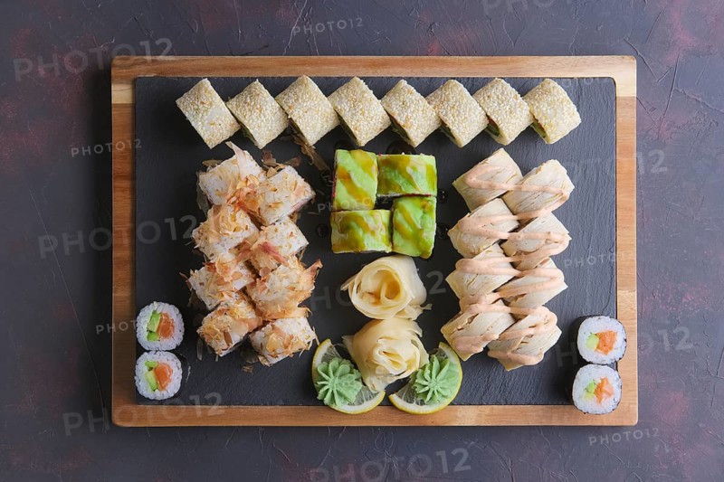 Top view of big set of rolls on stone plate