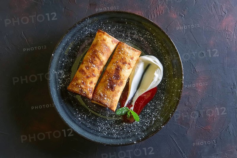 Sweet pancakes stuffed with curd and decorated with sour cream and strawberry jam