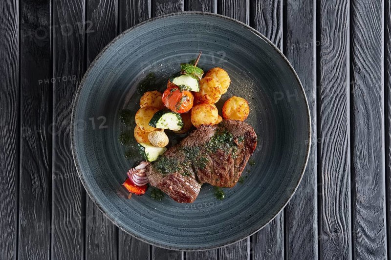 Juicy grilled beef fillet with potato
