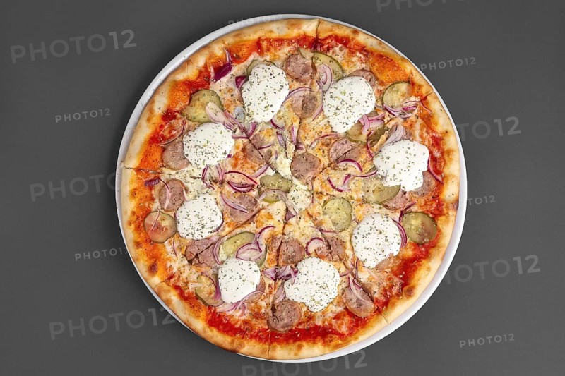 Top view of pizza with sausage