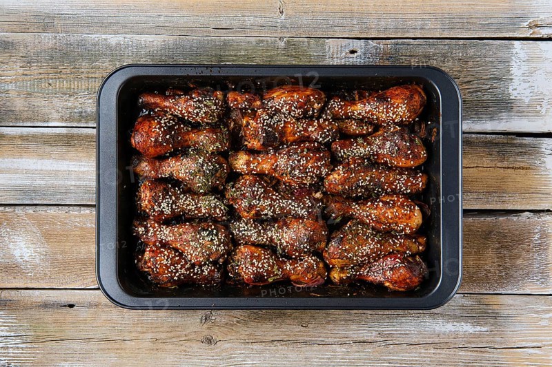 Overhead view of baked chicken legs with spicy sauce on a baking tray