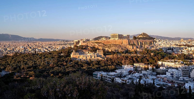 View from Philopappos Hill over the city at sunset