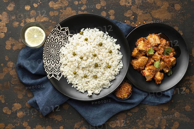 Top view rice meat dishes. Resolution and high quality beautiful photo