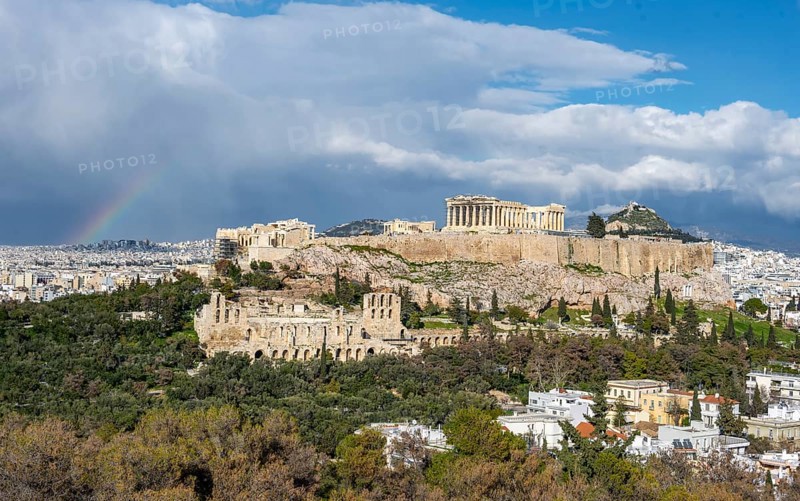 View from Philopappos Hill over the city with rainbow