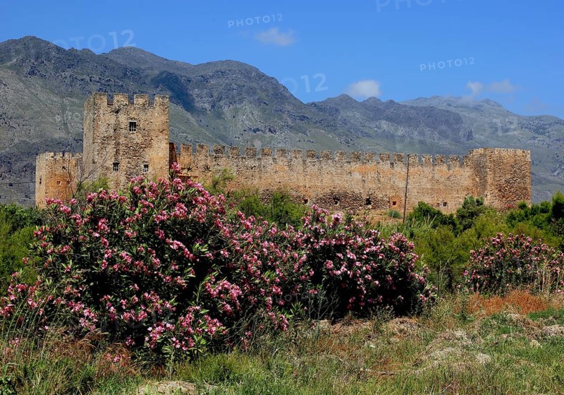 View of the fortress of Frangokastello on the southern coast of the Mediterranean island and the Kryoneritis mountains in the background