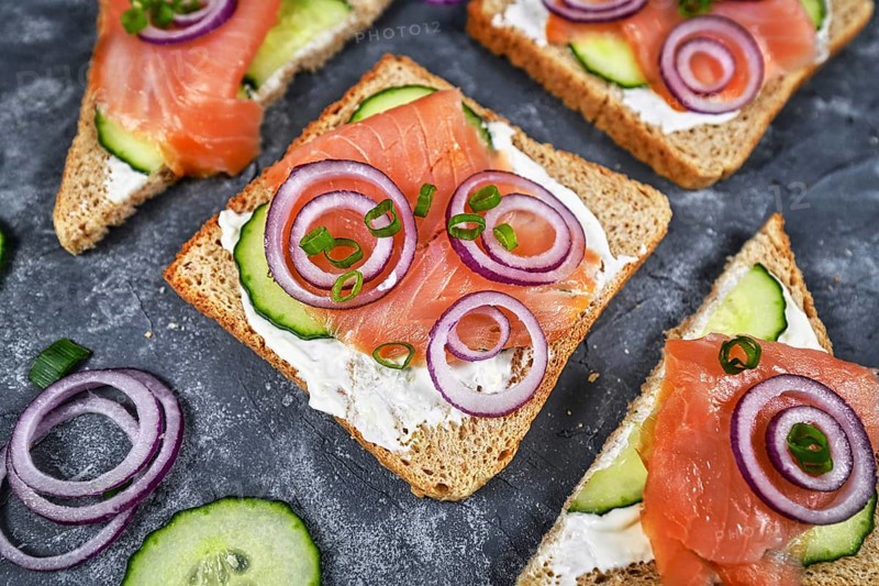 Salmon bread slices of healthy wholegrain toast topped with smoked salmon fish