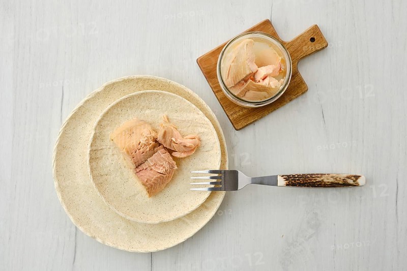 Top view of canned sea trout on a plate