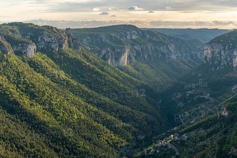 View of the Gorges de la Jonte and the village of Le Truel in the Cevennes National Park. Aveyron
