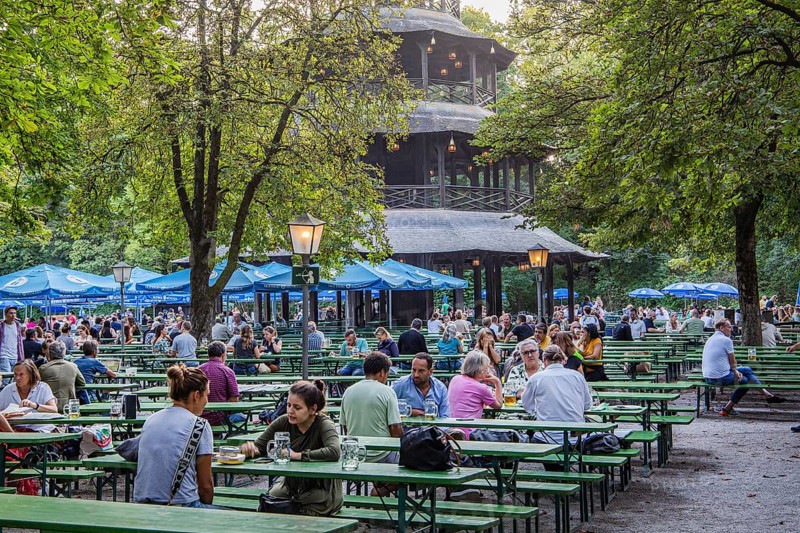 Beer garden at the Chinese Tower in the English Garden in the evening sun