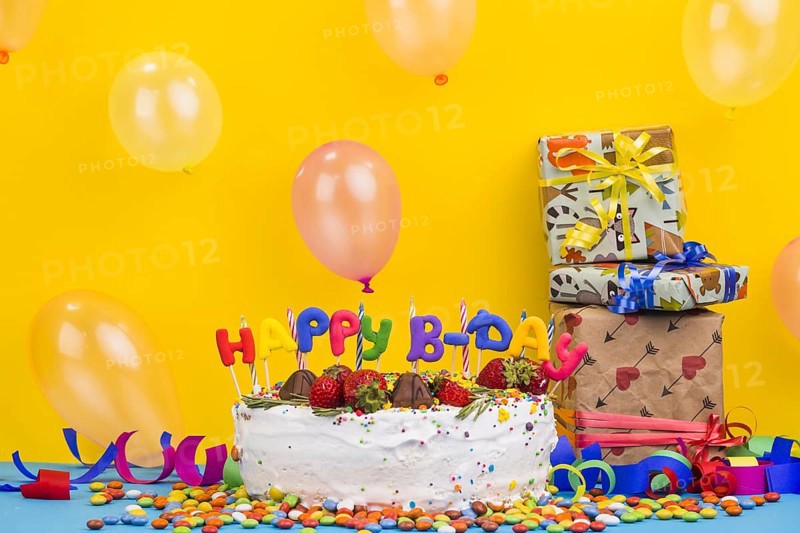Front view birthday cake with presents