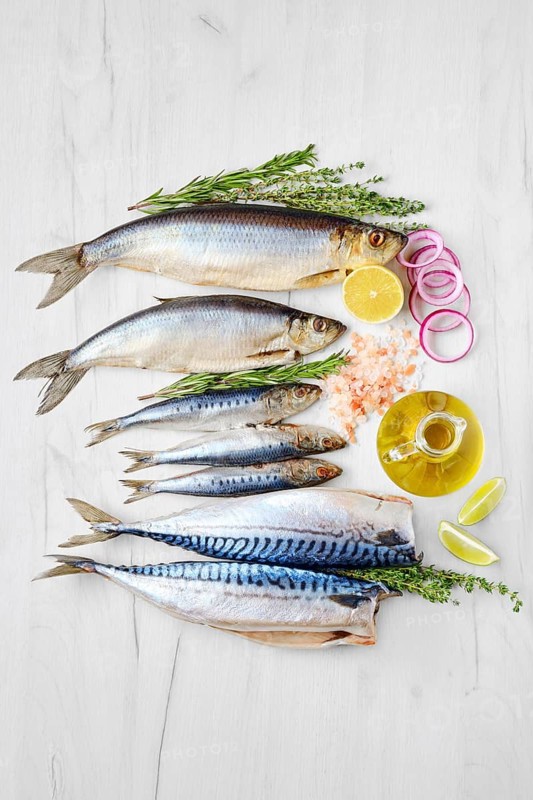 World food day concept. Seafood day. Composition with fresh herring