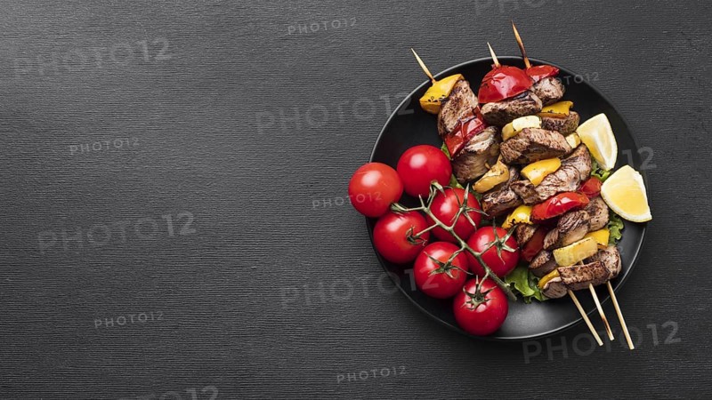 Top view delicious kebab with tomatoes copy space. Resolution and high quality beautiful photo