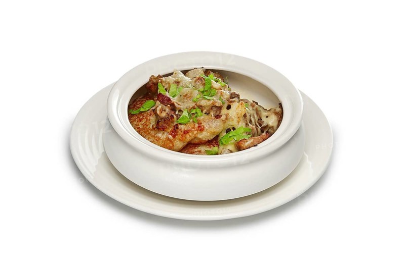 Layout for menu. Flapjack with meat baked with cheese and vegetables in oven
