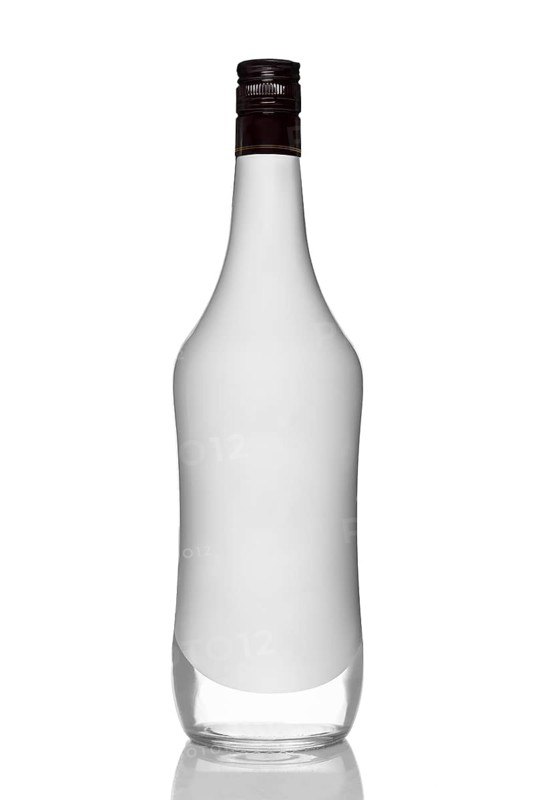 Bottle of alcohol beverage with coconut flavour with reflection on white background