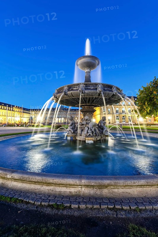 Schlossplatz with fountain and Neues Schloss travel by night in Stuttgart