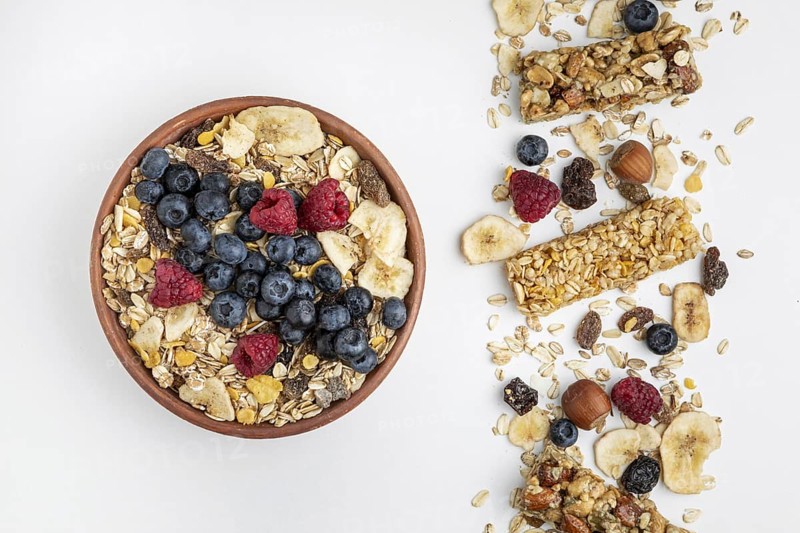 Top view breakfast cereal bars with fruits bowl. Resolution and high quality beautiful photo