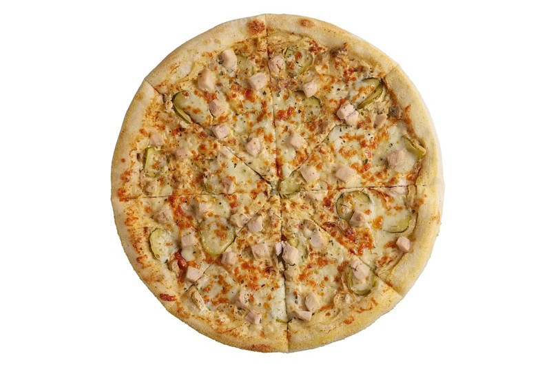Fresh baked pizza with chicken fillet and pickled cucumber isolated on white