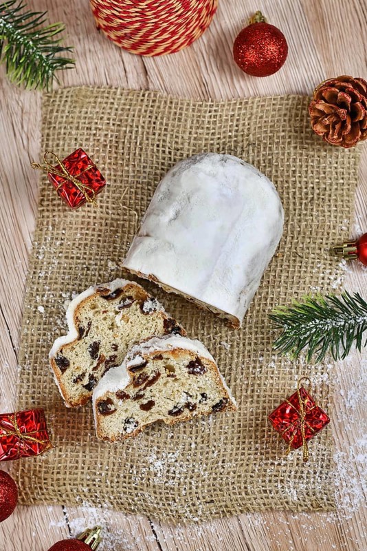 Top view of traditional German christmas season sweet food called Stollen or Christstollen