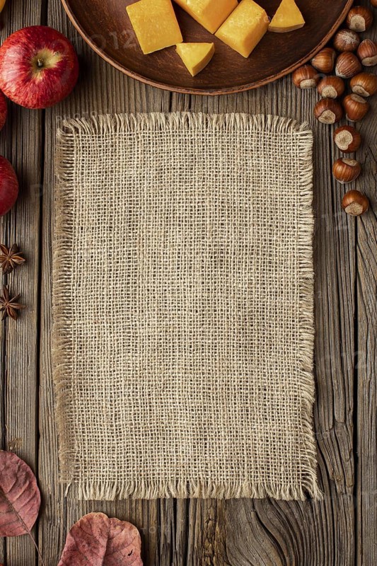 Top view autumn food copy space burlap fabric. Resolution and high quality beautiful photo