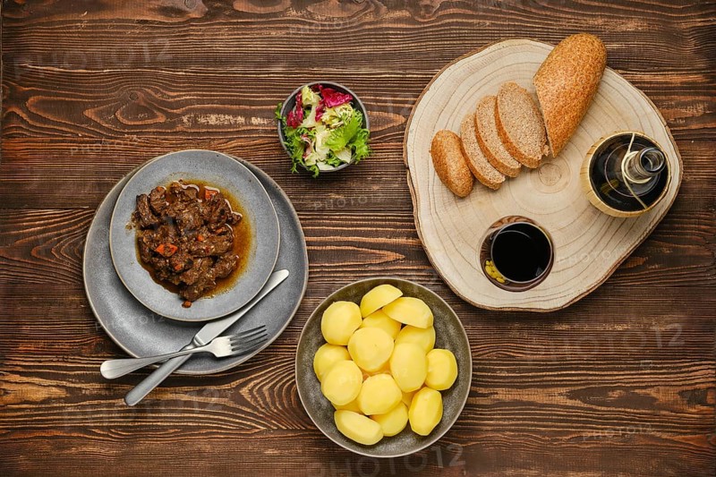 Overhead view of beef or deer ragout with potato