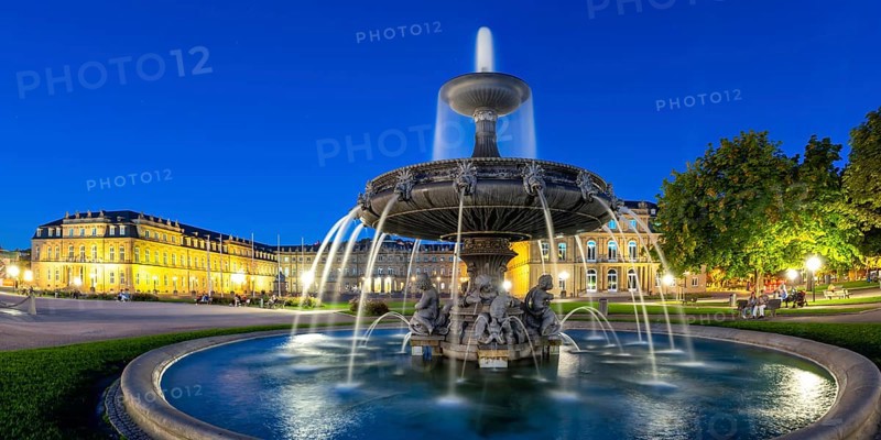 Schlossplatz with fountain and Neues Schloss travelling panorama at night in Stuttgart