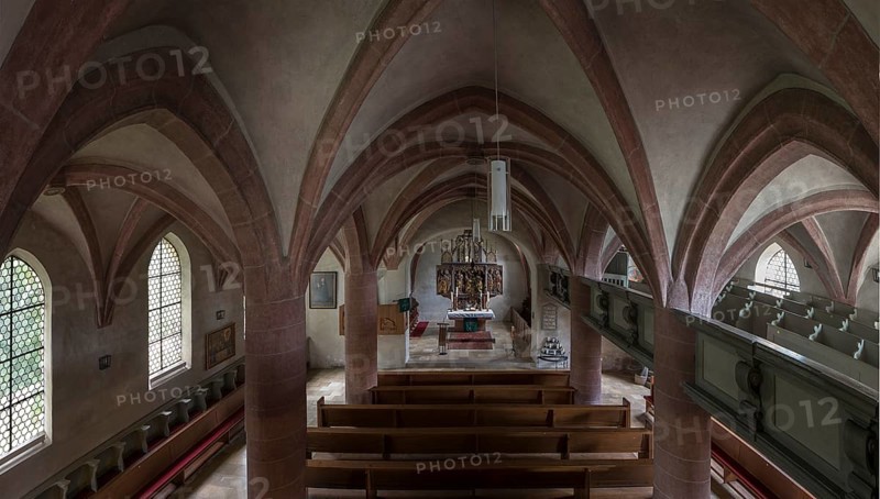 Interior with vault and altar of the late Gothic hall church from 1488