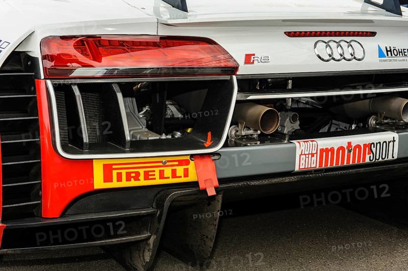 Rear of Audi R8 LMS with red towing eye prescribed in racing